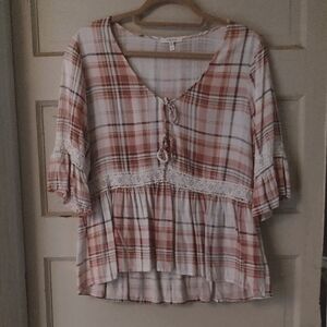 Maurices Pink and White Plaid Blouse with Lace Detail